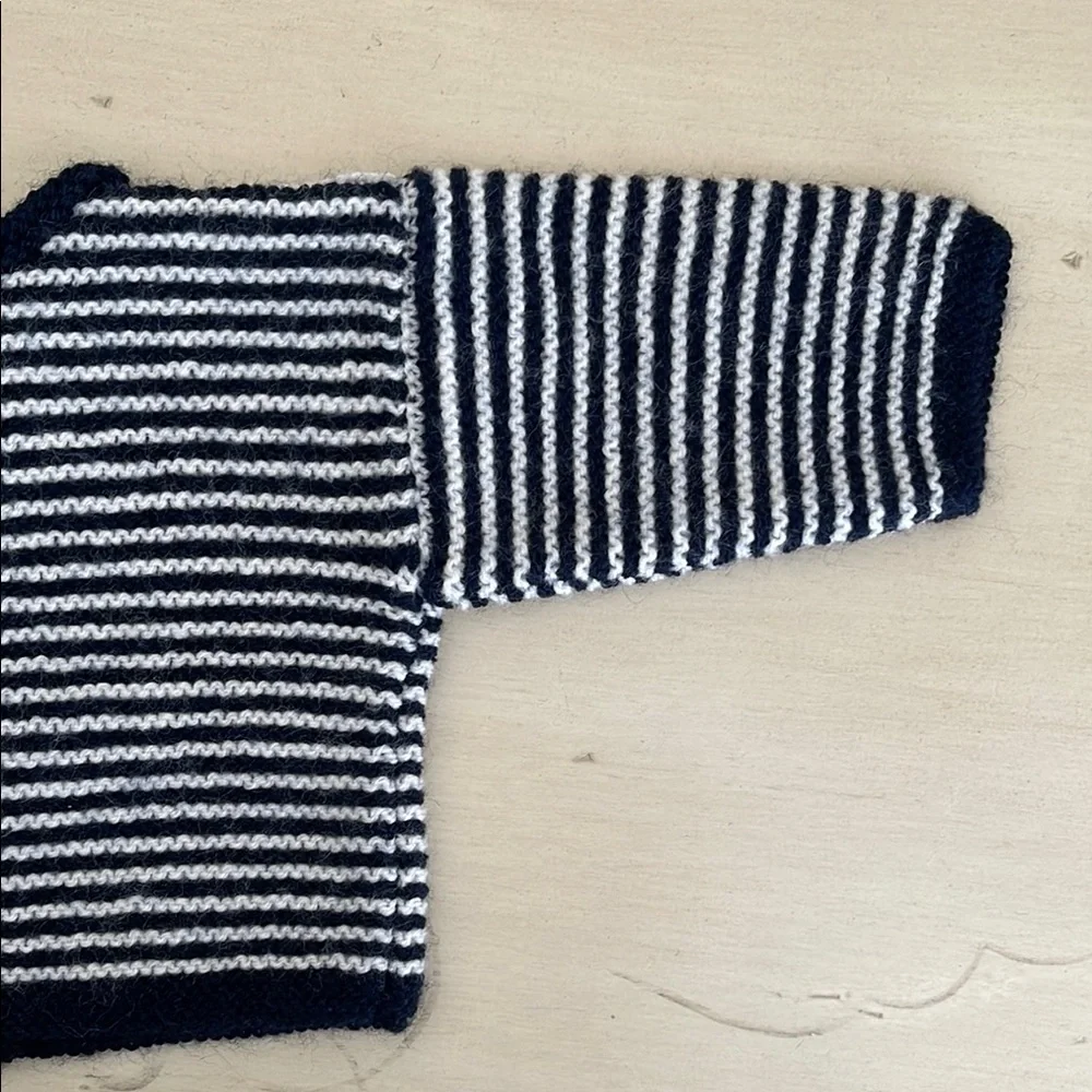 Hand Knit Striped Navy and White Baby Sweater with Booties
